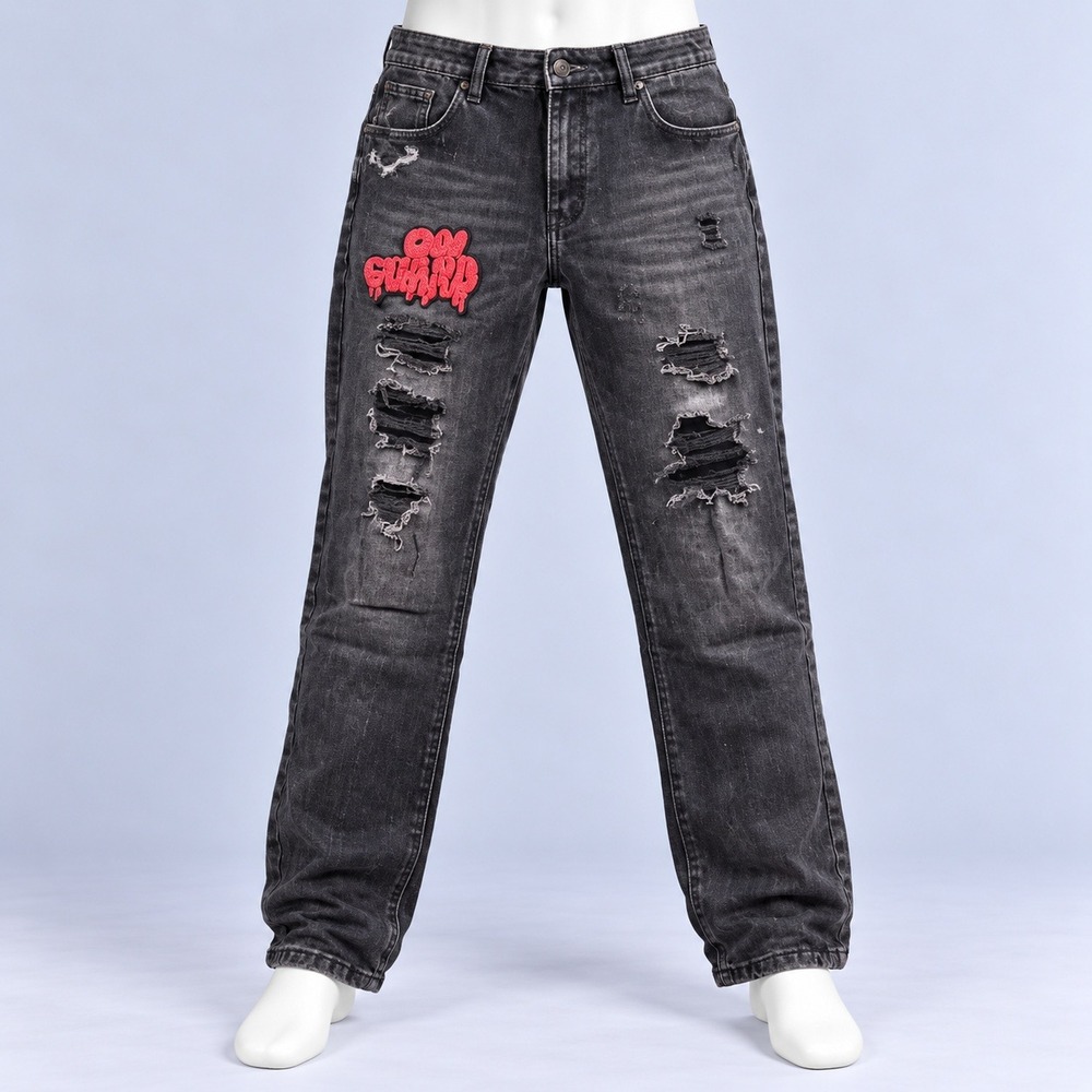 Unbranded Distressed Jeans Mens 36x30 Black Ripped Streetwear Graphic Patch